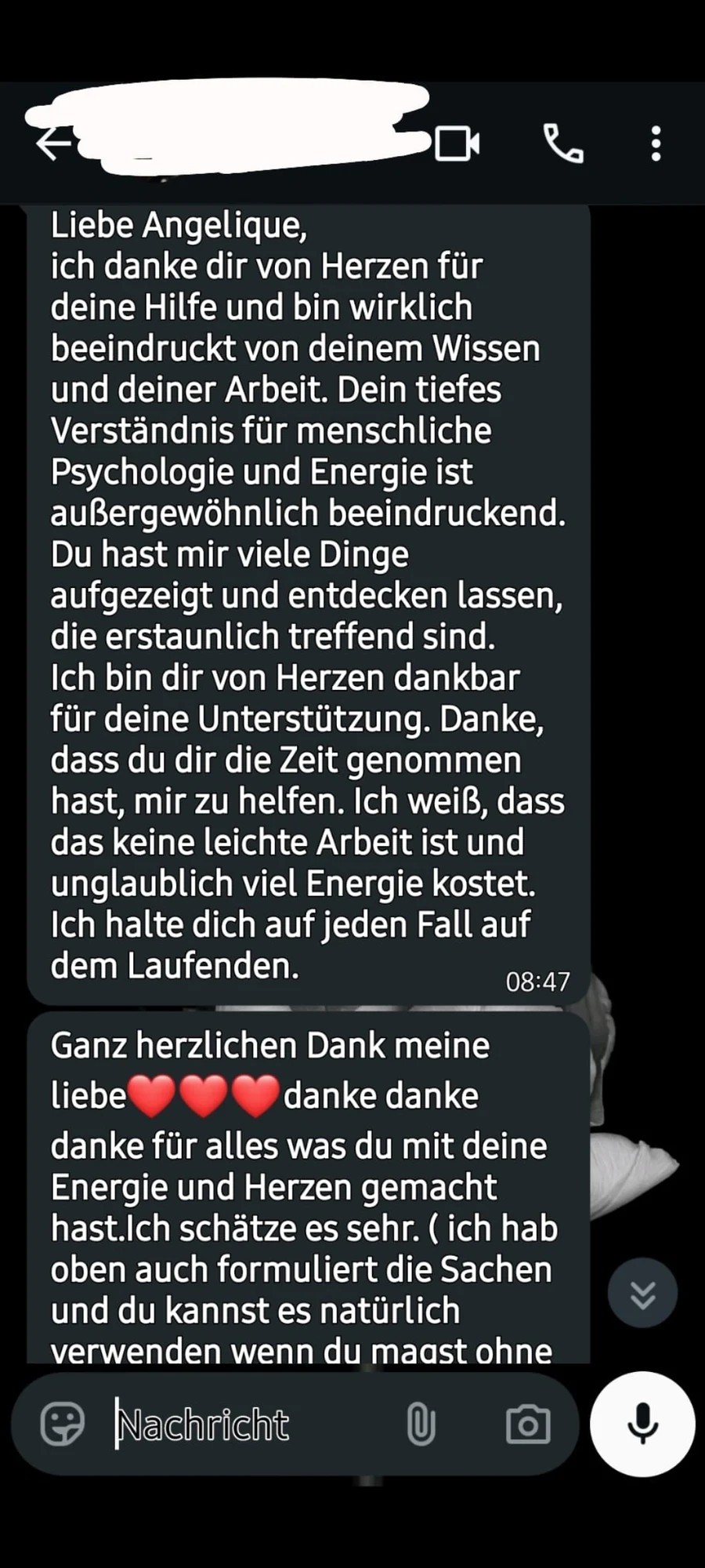 Anonymisierte WhatsApp-Rückmeldung über Angeliques Begleitung