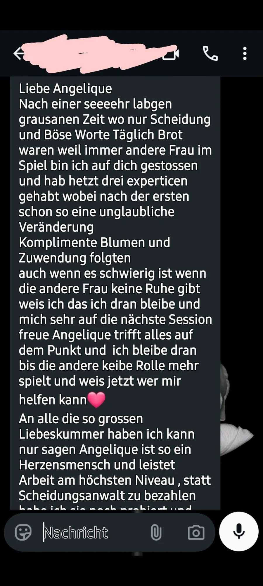 Anonymisierte ausführliche WhatsApp-Rückmeldung an Angelique