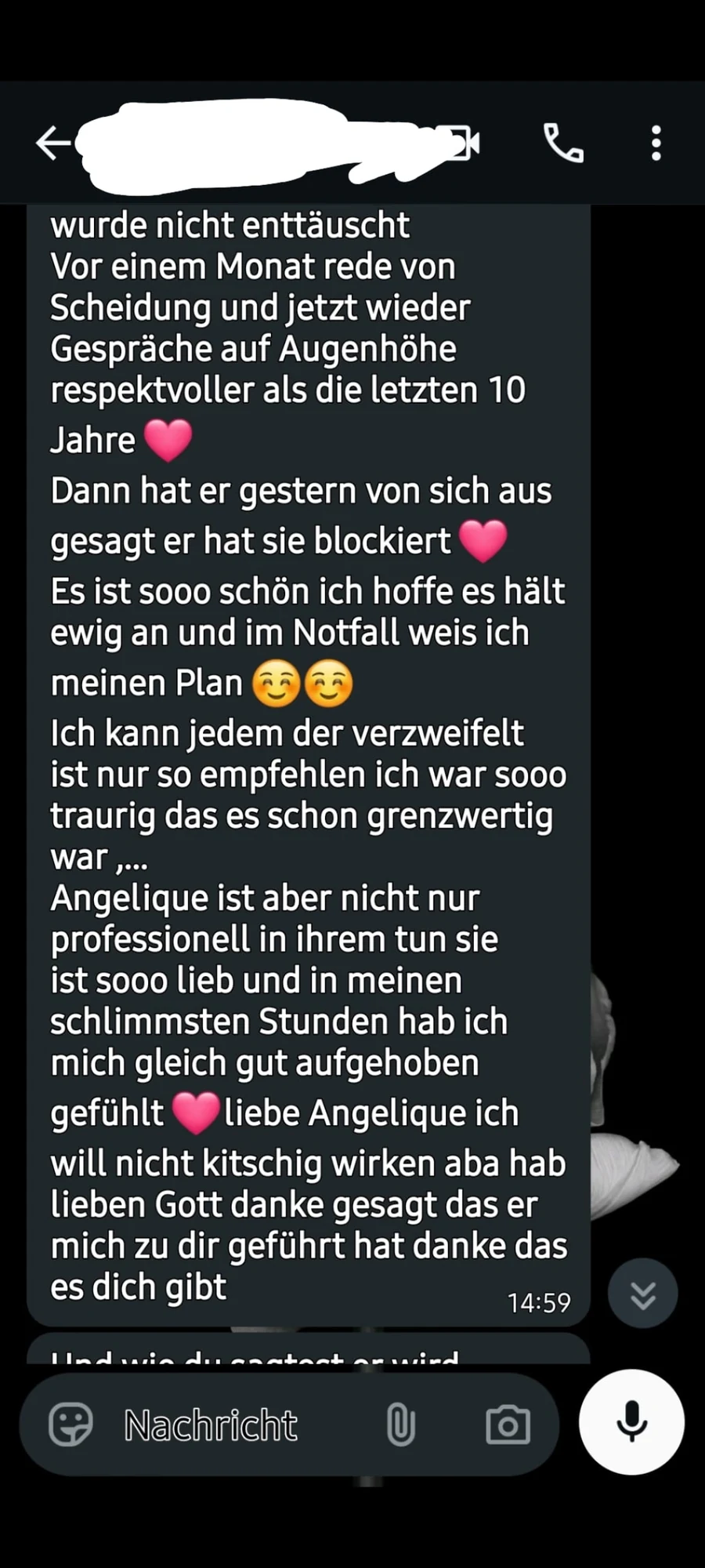 Anonymisierte WhatsApp-Empfehlung für Angelique