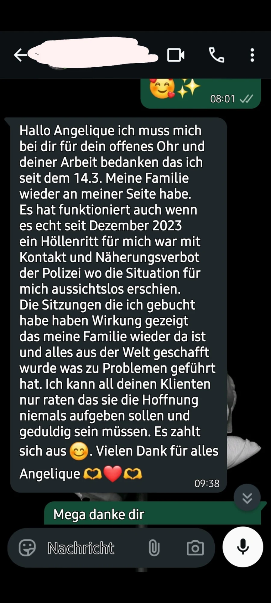 Anonymisierte WhatsApp-Rückmeldung zur Begleitung durch Angelique